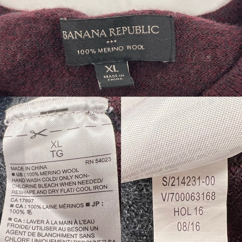 Y2K Banana Republic Merino Wool Burgundy Gray Stripped Crew Neck Sweater Size XL - Picture 6 of 12